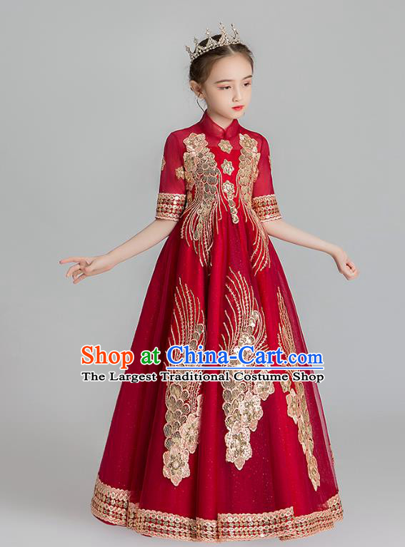 Chinese Traditional Tang Suit Wine Red Qipao Dress Apparels Ancient Girl Costumes Stage Show Embroidered Cheongsam for Kids