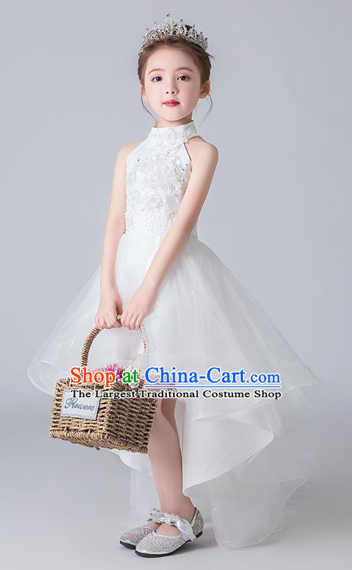 Professional Stage Show White Bubble Dress Girls Birthday Costume Children Top Grade Compere Veil Trailing Full Dress