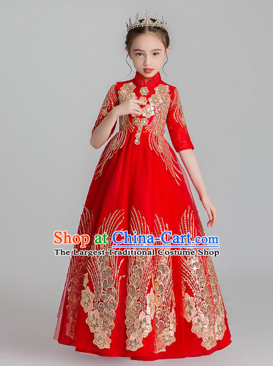 Chinese Traditional Tang Suit Red Qipao Dress Apparels Ancient Girl Costumes Stage Show Embroidered Cheongsam for Kids