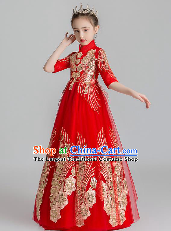 Chinese Traditional Tang Suit Red Qipao Dress Apparels Ancient Girl Costumes Stage Show Embroidered Cheongsam for Kids