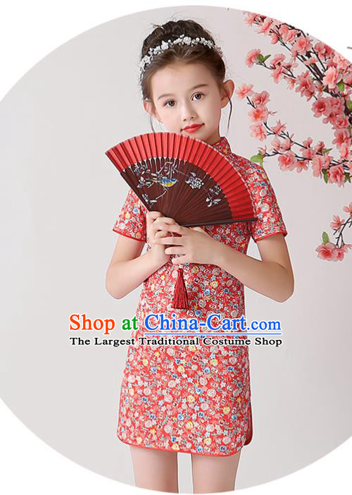 Chinese Traditional Tang Suit Red Qipao Dress Apparels Ancient Girl Costumes Stage Show Short Cheongsam for Kids