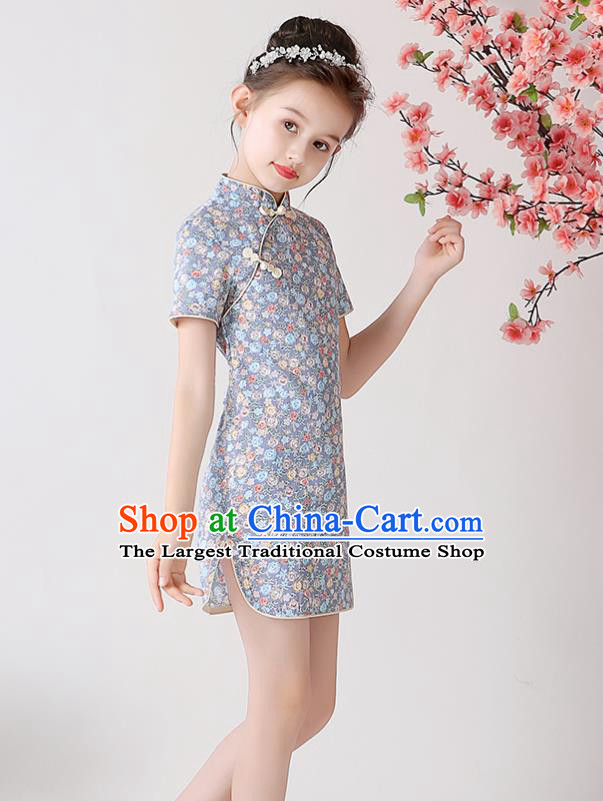 Chinese Traditional Tang Suit Grey Qipao Dress Apparels Ancient Girl Costumes Stage Show Short Cheongsam for Kids