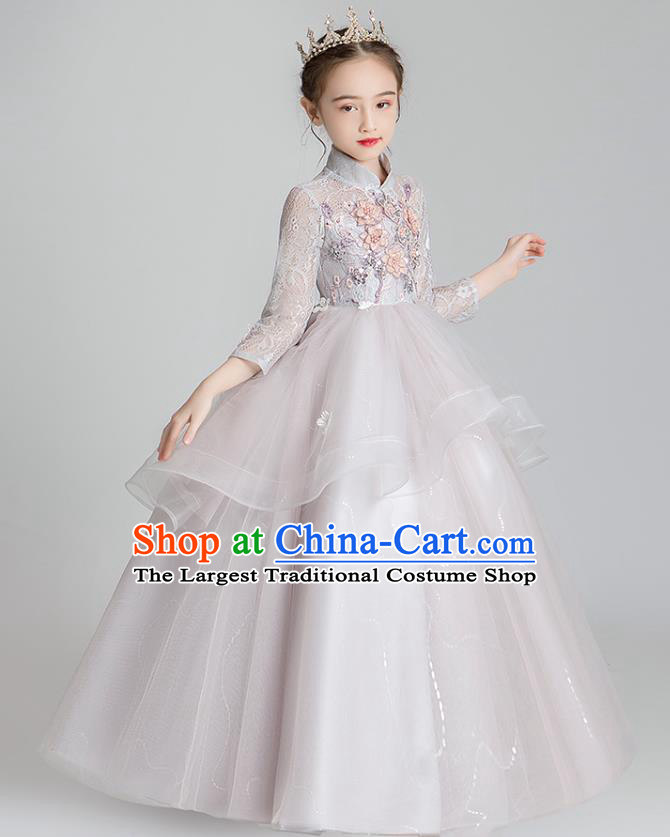 Chinese Traditional Tang Suit Light Grey Qipao Dress Apparels Ancient Girl Costumes Stage Show Veil Cheongsam for Kids