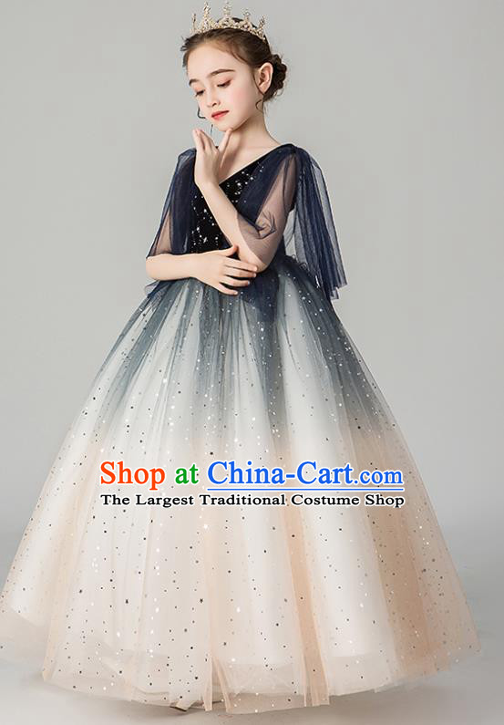 Professional Stage Show Girls Catwalks Navy Velvet Dress Children Birthday Costume Top Grade Compere Veil Full Dress