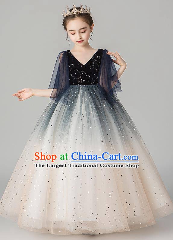 Professional Stage Show Girls Catwalks Navy Velvet Dress Children Birthday Costume Top Grade Compere Veil Full Dress