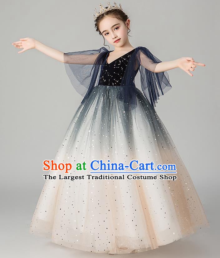 Professional Stage Show Girls Catwalks Navy Velvet Dress Children Birthday Costume Top Grade Compere Veil Full Dress