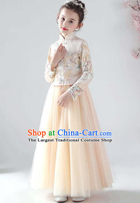 Chinese Traditional Tang Suit Apricot Blouse and Skirt Qipao Dress Ancient Girl Costumes Stage Show Cheongsam Apparels for Kids