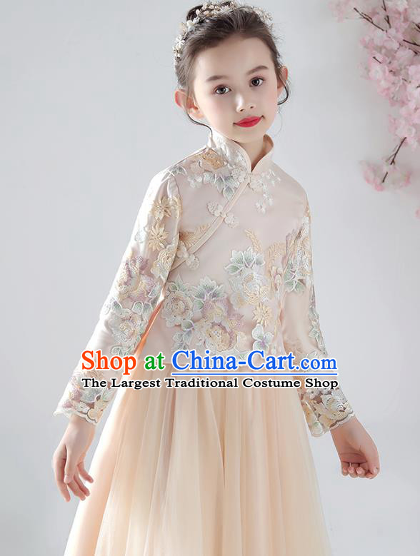 Chinese Traditional Tang Suit Apricot Blouse and Skirt Qipao Dress Ancient Girl Costumes Stage Show Cheongsam Apparels for Kids