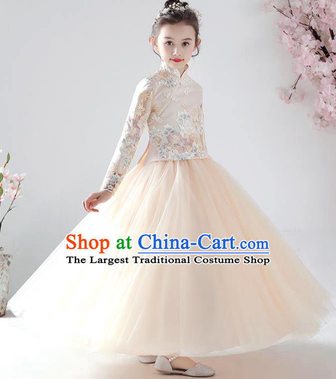 Chinese Traditional Tang Suit Apricot Blouse and Skirt Qipao Dress Ancient Girl Costumes Stage Show Cheongsam Apparels for Kids