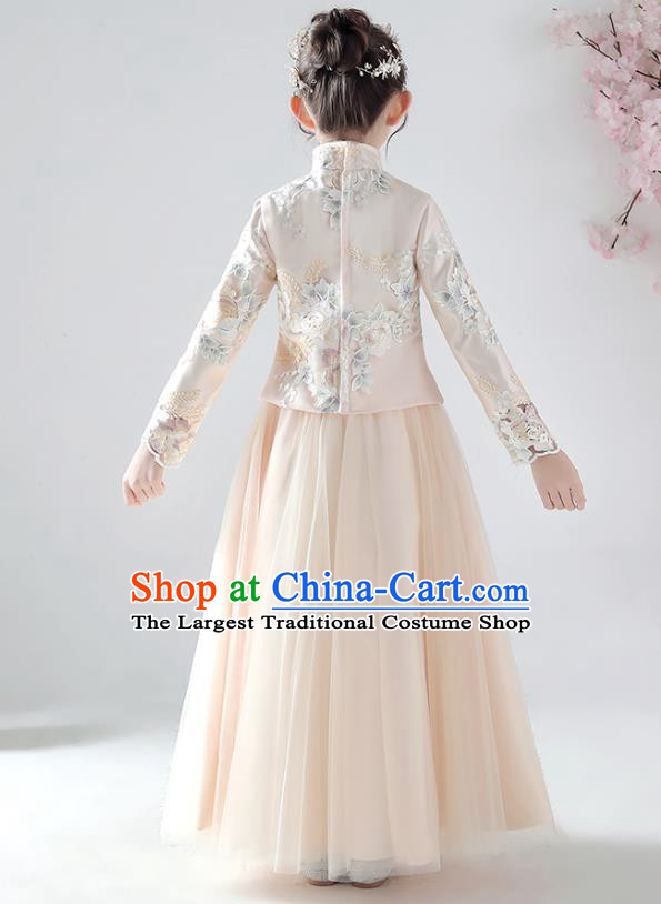 Chinese Traditional Tang Suit Apricot Blouse and Skirt Qipao Dress Ancient Girl Costumes Stage Show Cheongsam Apparels for Kids