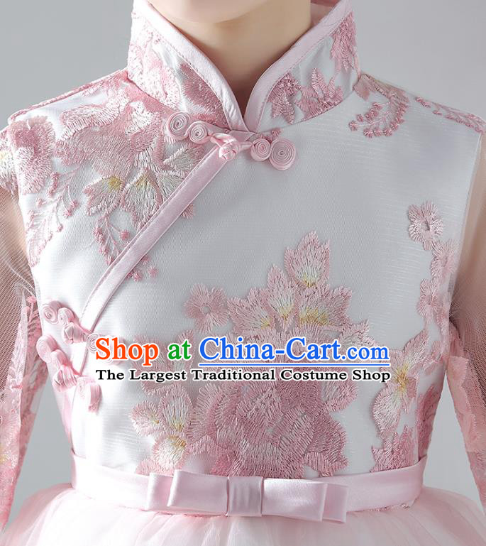 Chinese Traditional Tang Suit Bubble Qipao Dress Girl Costumes Stage Show Veil Cheongsam Apparels for Kids
