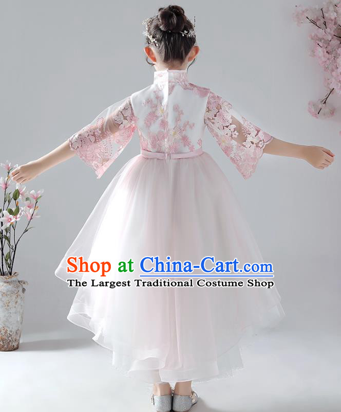 Chinese Traditional Tang Suit Bubble Qipao Dress Girl Costumes Stage Show Veil Cheongsam Apparels for Kids