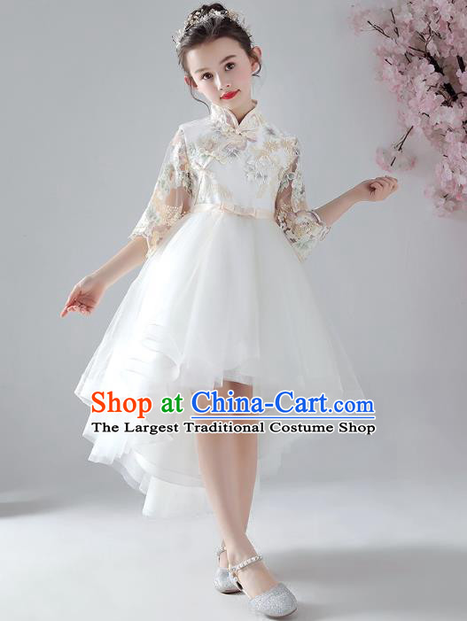 Chinese Traditional Tang Suit White Bubble Qipao Dress Girl Costumes Stage Show Veil Cheongsam Apparels for Kids