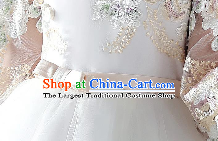 Chinese Traditional Tang Suit White Bubble Qipao Dress Girl Costumes Stage Show Veil Cheongsam Apparels for Kids