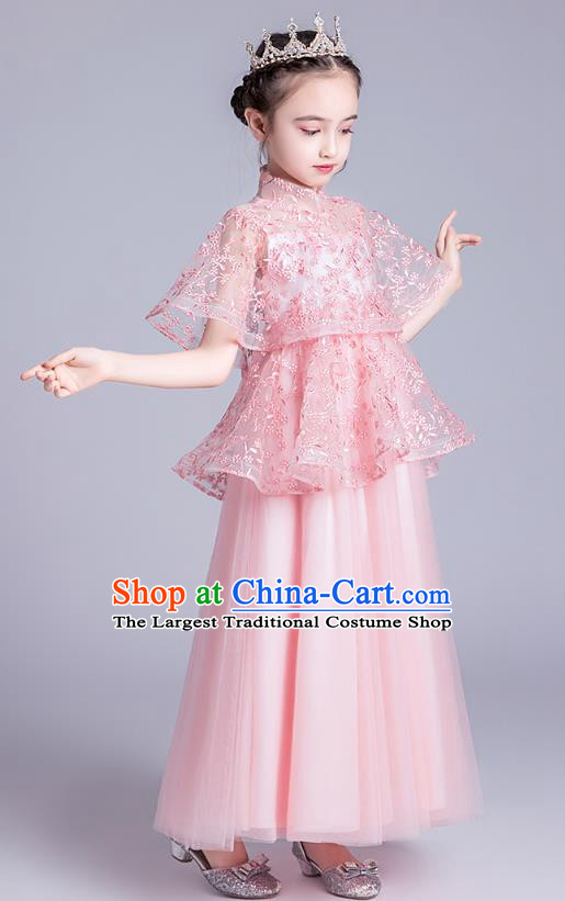 Top Grade Stage Show Princess Pink Dress Girls Birthday Costume Children Compere Full Dress with Cappa