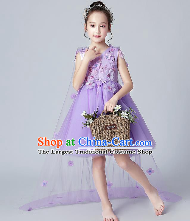 Top Grade Birthday Flowers Fairy Short Full Dress Children Compere Costume Stage Show Girls Catwalks Purple Veil Bubble Dress