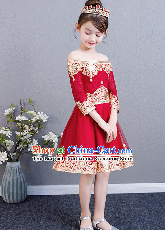 Top Grade Birthday Red Short Full Dress Children Compere Costume Stage Show Girls Catwalks Off Shoulder Dress