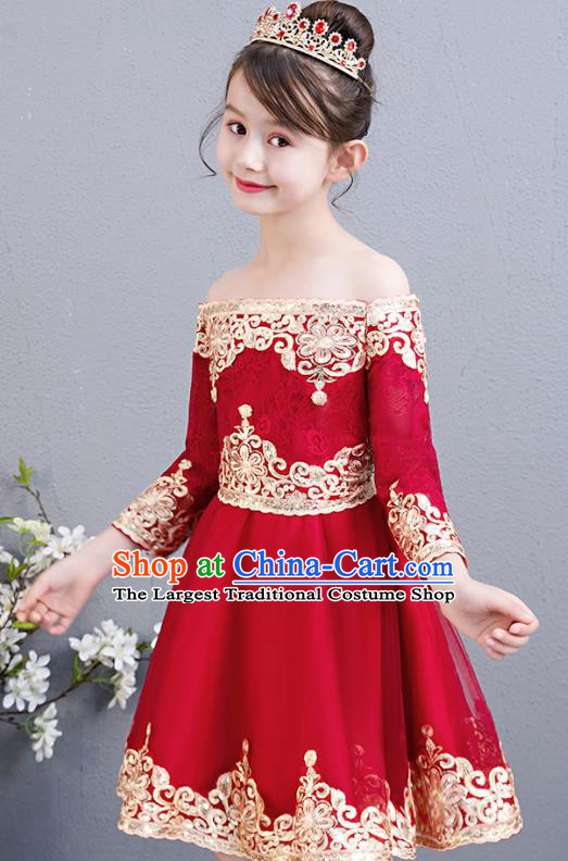 Top Grade Birthday Red Short Full Dress Children Compere Costume Stage Show Girls Catwalks Off Shoulder Dress