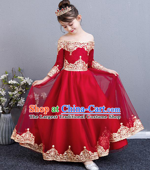 Top Grade Birthday Red Lace Full Dress Children Compere Costume Stage Show Girls Catwalks Off Shoulder Long Dress