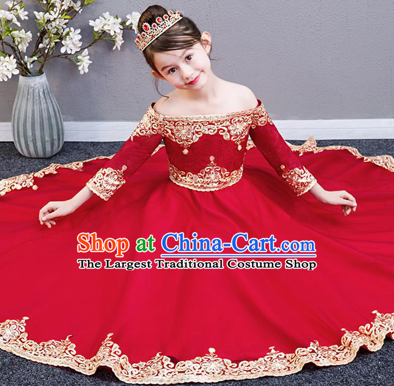Top Grade Birthday Red Lace Full Dress Children Compere Costume Stage Show Girls Catwalks Off Shoulder Long Dress