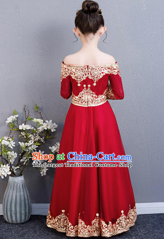 Top Grade Birthday Red Lace Full Dress Children Compere Costume Stage Show Girls Catwalks Off Shoulder Long Dress