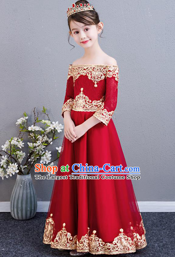 Top Grade Birthday Red Lace Full Dress Children Compere Costume Stage Show Girls Catwalks Off Shoulder Long Dress