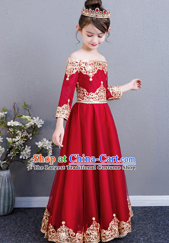 Top Grade Birthday Red Lace Full Dress Children Compere Costume Stage Show Girls Catwalks Off Shoulder Long Dress
