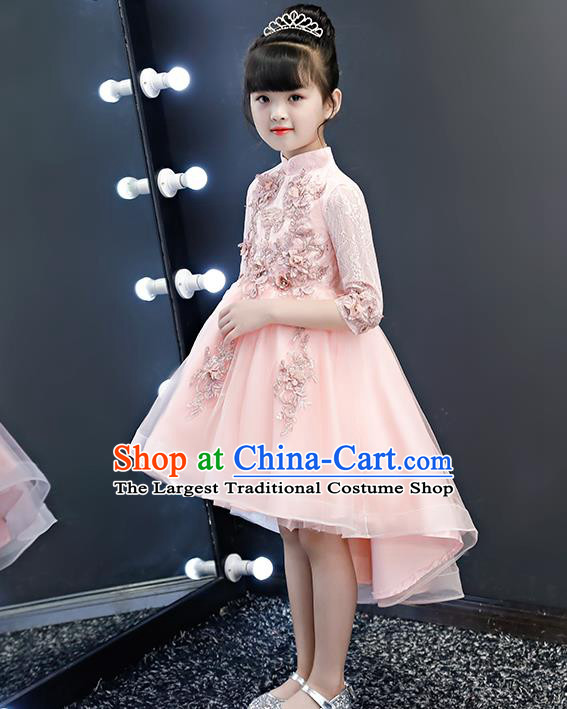 Top Grade Birthday Pink Lace Bubble Full Dress Children Compere Costume Stage Show Girls Catwalks Short Dress