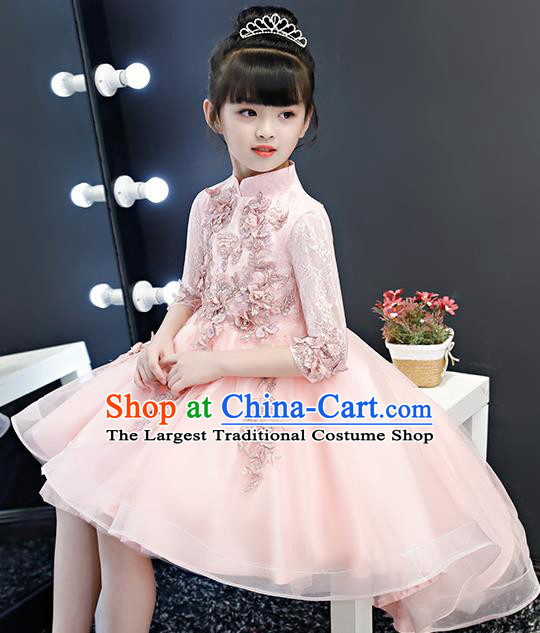 Top Grade Birthday Pink Lace Bubble Full Dress Children Compere Costume Stage Show Girls Catwalks Short Dress