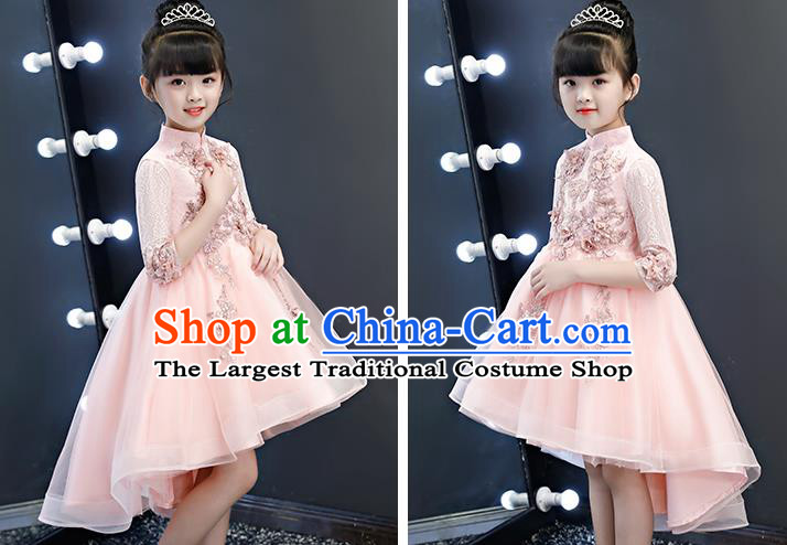 Top Grade Birthday Pink Lace Bubble Full Dress Children Compere Costume Stage Show Girls Catwalks Short Dress