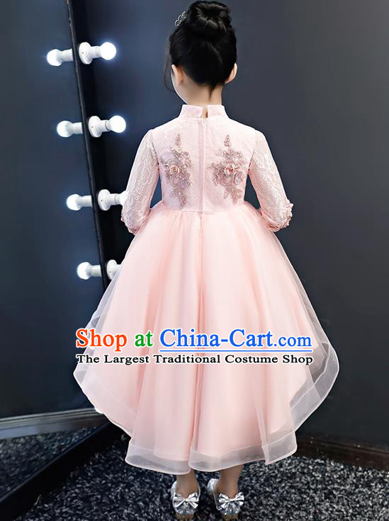Top Grade Birthday Pink Lace Bubble Full Dress Children Compere Costume Stage Show Girls Catwalks Short Dress