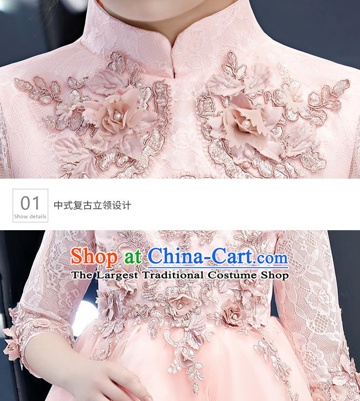 Top Grade Birthday Pink Lace Bubble Full Dress Children Compere Costume Stage Show Girls Catwalks Short Dress