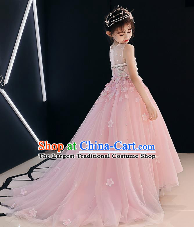 Top Grade Birthday Pink Veil Full Dress Children Compere Costume Stage Show Girls Catwalks Embroidered Beads Dress