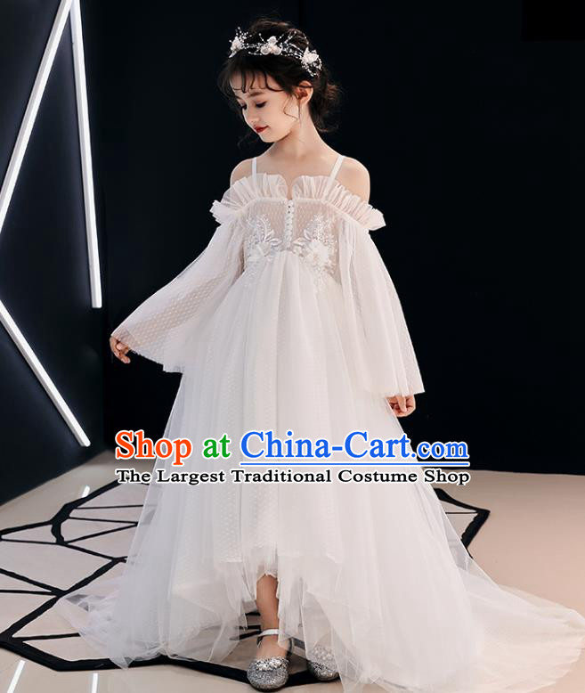 Top Grade Birthday White Veil Full Dress Children Compere Costume Stage Show Girls Catwalks Trailing Long Dress