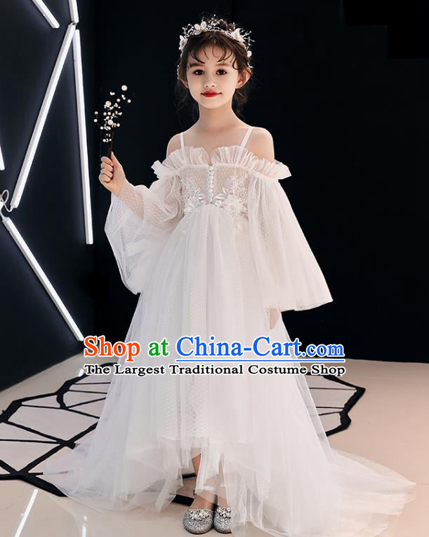 Top Grade Birthday White Veil Full Dress Children Compere Costume Stage Show Girls Catwalks Trailing Long Dress