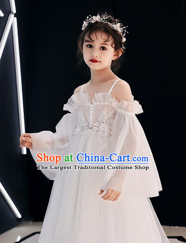 Top Grade Birthday White Veil Full Dress Children Compere Costume Stage Show Girls Catwalks Trailing Long Dress