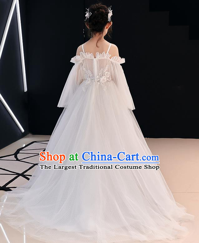 Top Grade Birthday White Veil Full Dress Children Compere Costume Stage Show Girls Catwalks Trailing Long Dress