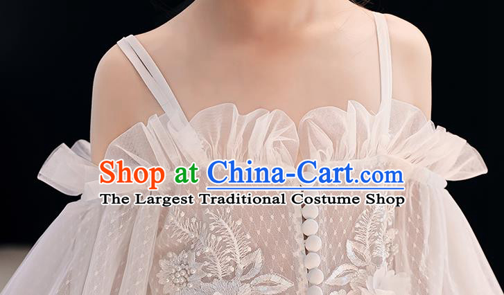 Top Grade Birthday White Veil Full Dress Children Compere Costume Stage Show Girls Catwalks Trailing Long Dress