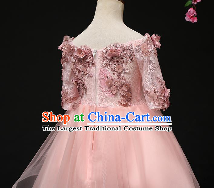 Top Grade Catwalks Pink Lace Full Dress Children Birthday Costume Stage Show Girls Compere Off Shoulder Short Dress