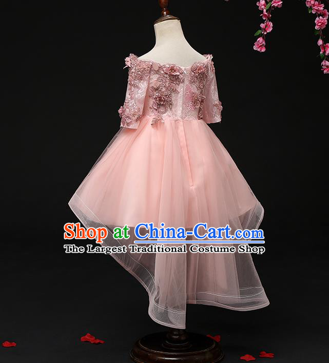 Top Grade Catwalks Pink Lace Full Dress Children Birthday Costume Stage Show Girls Compere Off Shoulder Short Dress
