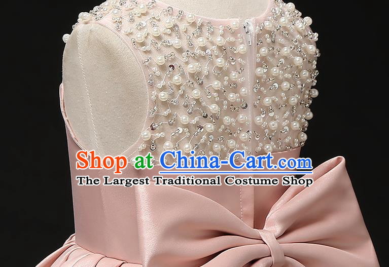 Top Grade Catwalks Pink Satin Full Dress Children Birthday Costume Stage Show Girls Compere Short Dress