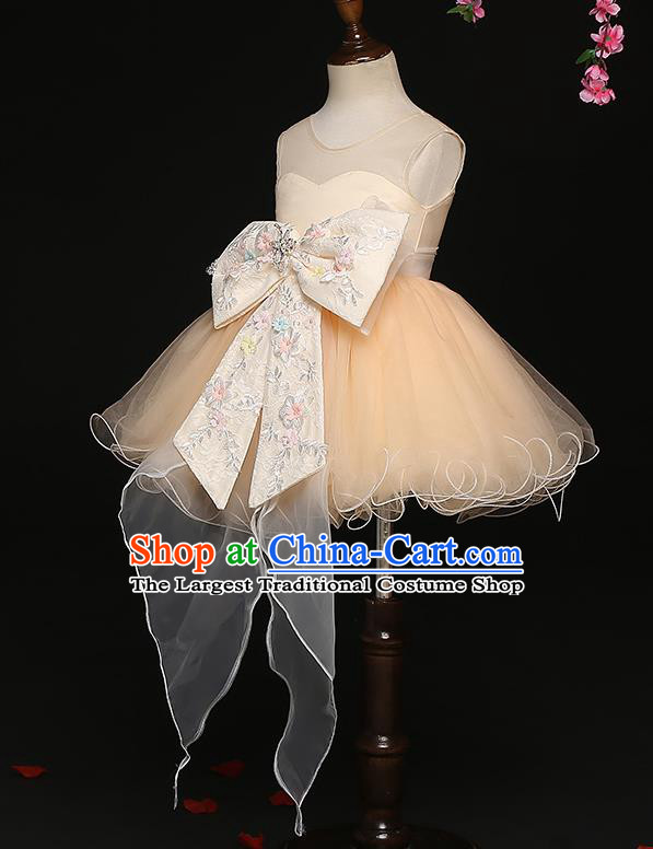 Top Grade Catwalks Apricot Bowknot Full Dress Children Birthday Costume Stage Show Girls Compere Short Veil Bubble Dress