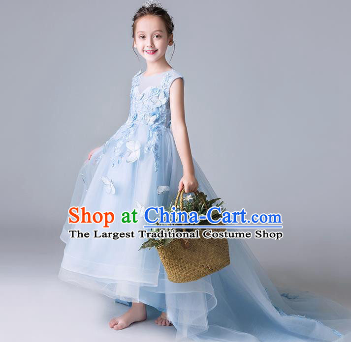 Top Grade Catwalks Blue Veil Full Dress Children Birthday Costume Stage Show Girls Compere Butterfly Dress