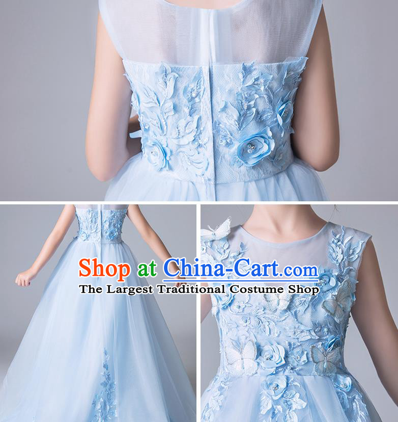 Top Grade Catwalks Blue Veil Full Dress Children Birthday Costume Stage Show Girls Compere Butterfly Dress