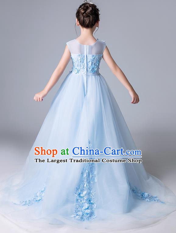 Top Grade Catwalks Blue Veil Full Dress Children Birthday Costume Stage Show Girls Compere Butterfly Dress