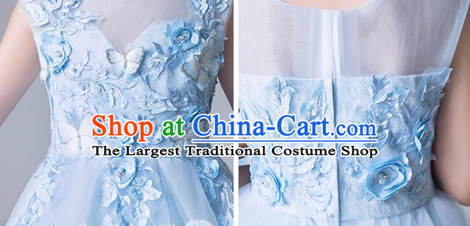 Top Grade Catwalks Blue Veil Full Dress Children Birthday Costume Stage Show Girls Compere Butterfly Dress