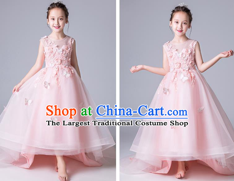 Top Grade Catwalks Pink Veil Full Dress Children Birthday Costume Stage Show Girls Compere Butterfly Flowers Dress