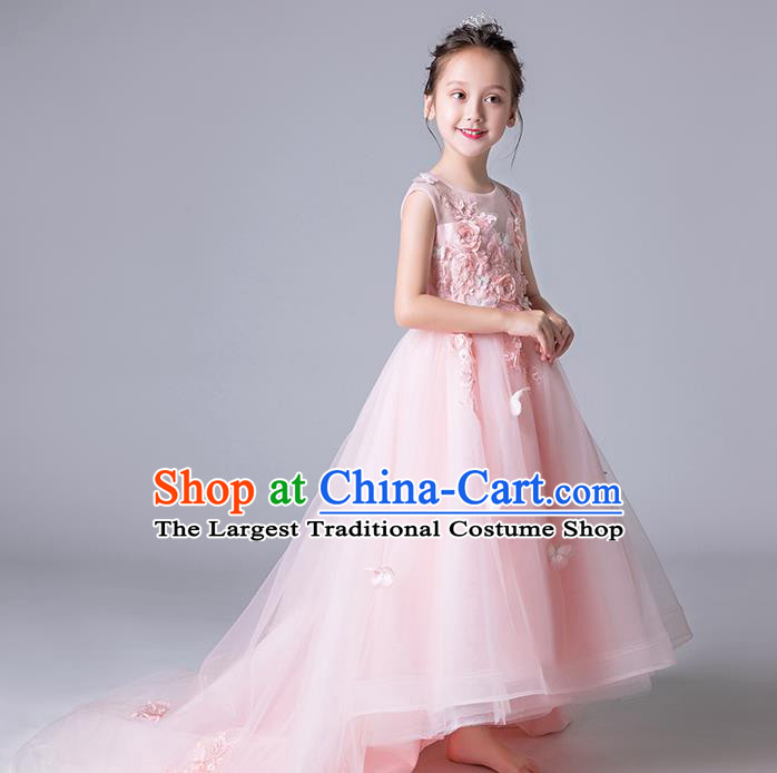 Top Grade Catwalks Pink Veil Full Dress Children Birthday Costume Stage Show Girls Compere Butterfly Flowers Dress