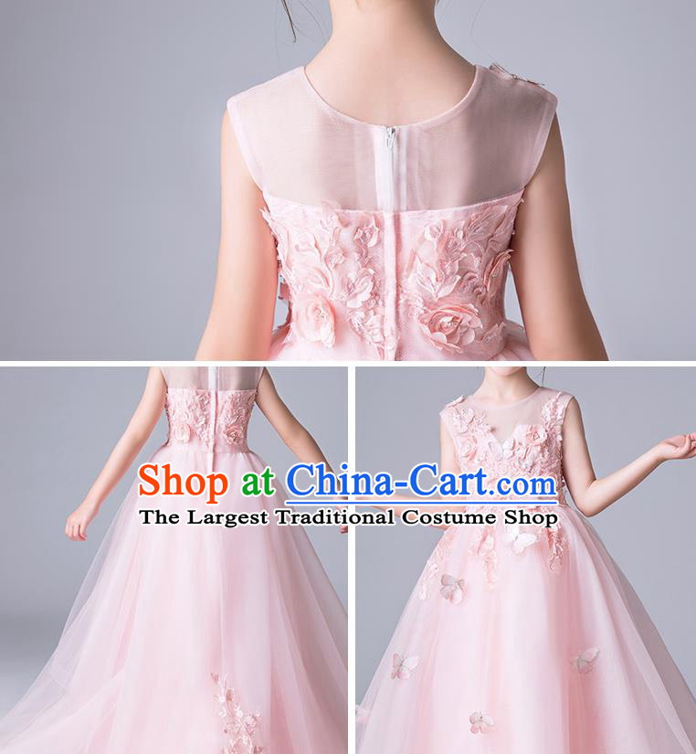 Top Grade Catwalks Pink Veil Full Dress Children Birthday Costume Stage Show Girls Compere Butterfly Flowers Dress