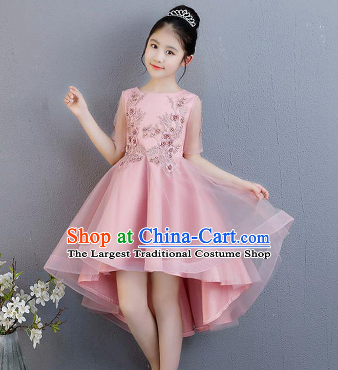 Top Grade Catwalks Pink Short Full Dress Children Birthday Costume Stage Show Girls Compere Lace Dress